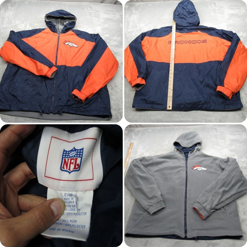 Denver Broncos Jacket Men Large NFL Blue Gray Reversible Hooded Pockets Full Zip